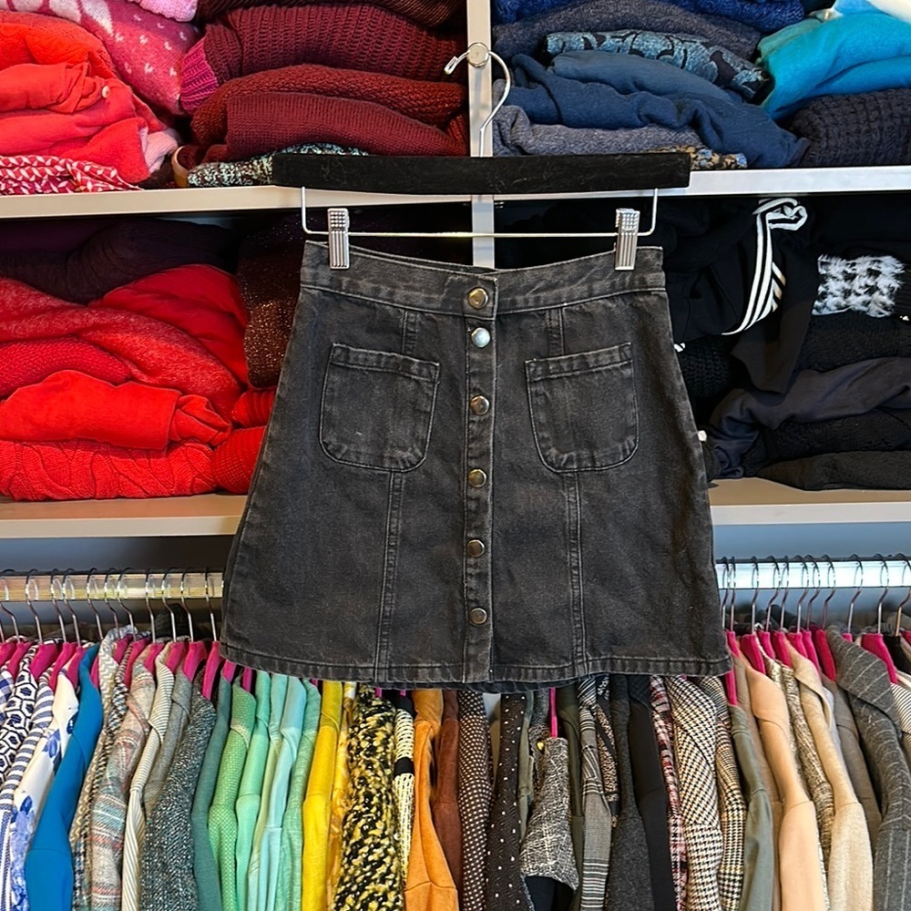 BDG black denim snap front closure mini skirt size S